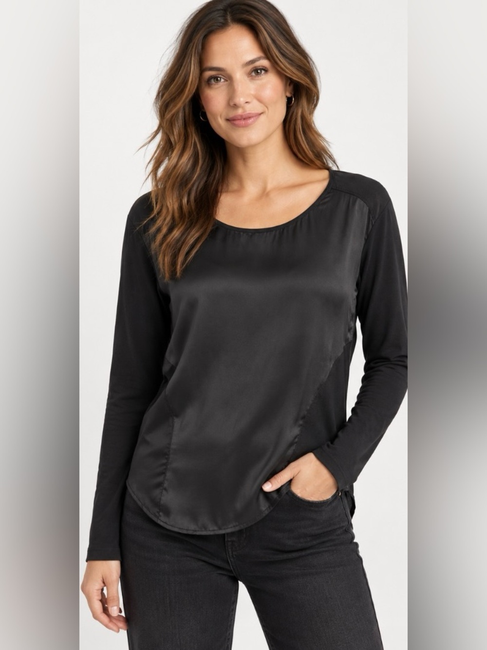 Go by GoSilk Black Silk Cotton Mixed Media Long Sleeve Top S